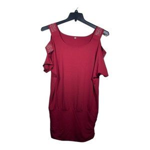 Unbranded Womens Deep Red Rauched Waist Tunic Top Cut out Sleeve